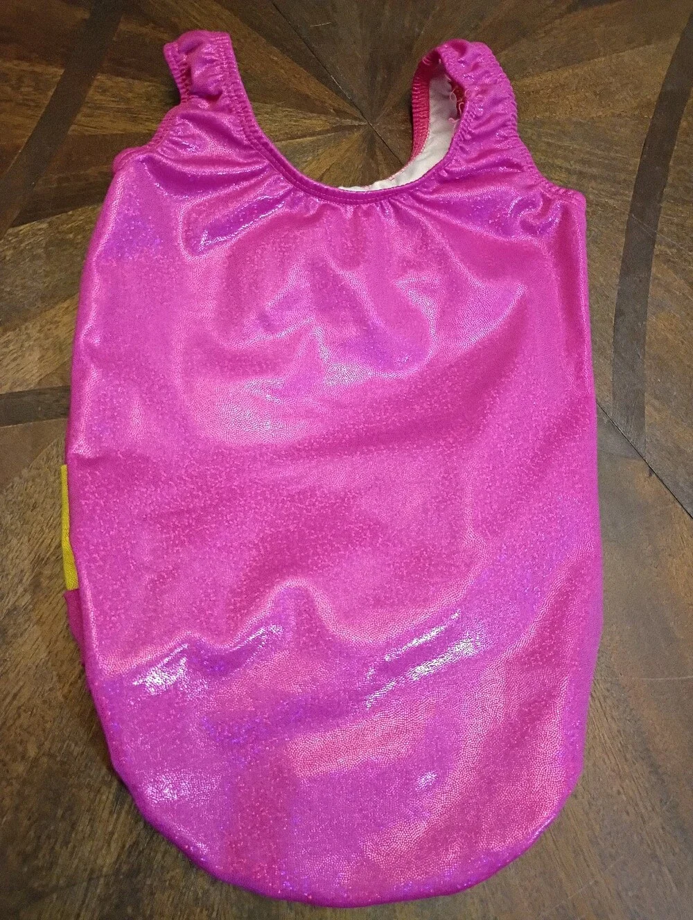Girls 2T Pink Sparkle Gymnastics Leotard Yellow Metallic Accent Dance Bodysuit - Picture 2 of 3